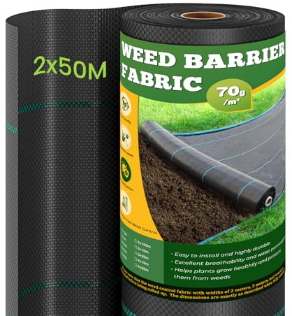 OUNUO 2 x 50 m Malla Antihierbas, Malla contra Malas Hierbas, 70 g/m² Geotextil, Protección césped Artificial, Lona antimalezas jardín, Anti-UV, Negro