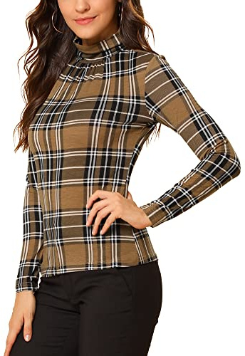 Allegra K Disfraz de Navidad Blusa A Cuadros con Cuello Alto para Mujer | Jersey de punto elástico suave. Patrones a cuadros. Trabajo Oficina Diario Citas Fin de Semana Vacaciones Halloween