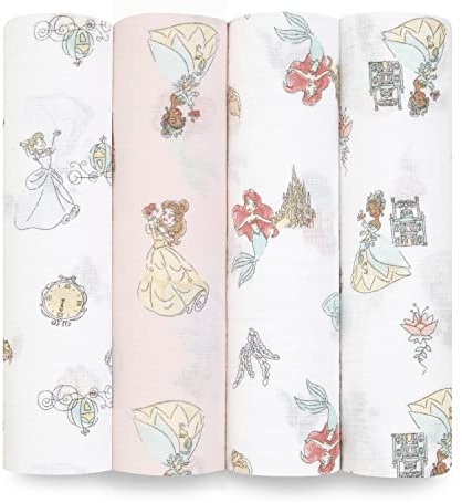 aden + anais essentials 100% Cotton Muslin Swaddle & Receiving Blanket for Baby Girls & Boys, 112x112cm, Newborn Swaddling Set, Infant & Toddler Shower Gift, 4 Pack, Disney Princess