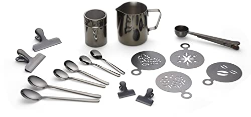 ECHTWERK Juego de accesorios de café, 23 piezas, 350 ml, 4 espressos, 4 cappuccinos, 4 latte macchiato, 4 pinzas de café, 4 moldes de café, 4 cucharas de café, estilo barista negro
