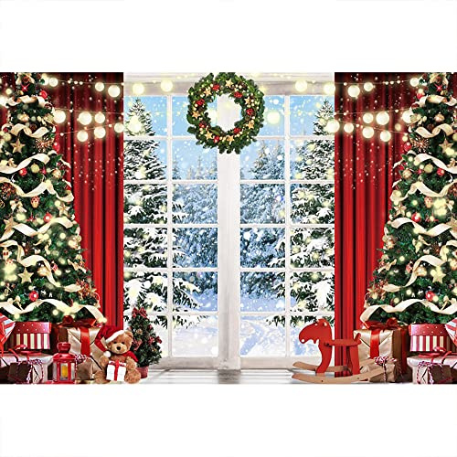 Aoihrraan 2,7x1,8m Noël Rebord De Fenêtre Photographie Toile De Fond Noël Arbre Couronne Rouge Rideau Cadeau Hiver Forêt Neige Vue Fond Nouveau Année Festival Famille Fête Portrait Photo Accessoires