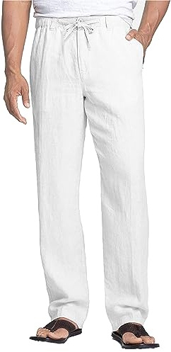 NANAMEEI Men's Cotton Linen Trousers Casual Trousers with Elastic Waist Men Loose Fit Trousers