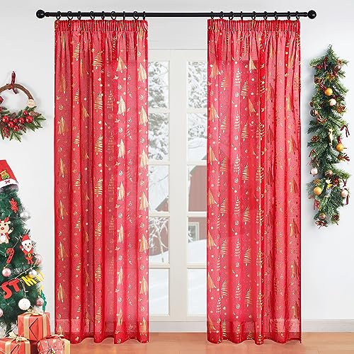 Topfinel Weihnachten Gardinen Kräuselband Vorhänge Wohnzimmer Morden Gardine 225 cm Lang Weihnachtsgardinen Halbtransparent 140 cm Vorhang Schlafzimmer für Schienen Curtains Living Room Set of 2