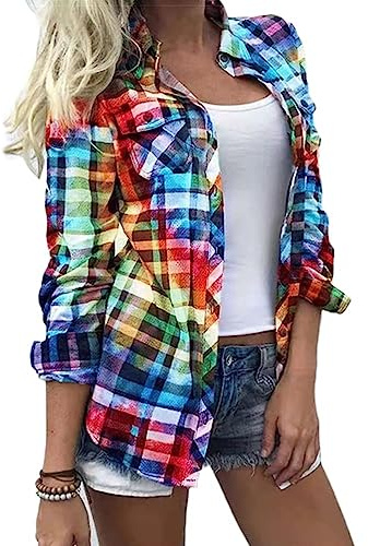 ORANDESIGNE Chemise à Carreaux Colorés Femme Chic et élégant Col en V Chemisier Décontracté à Manches Longues Lâche Bureau Travail Blouse Hauts avec Poches Classique Plaid Veste A Coloré S