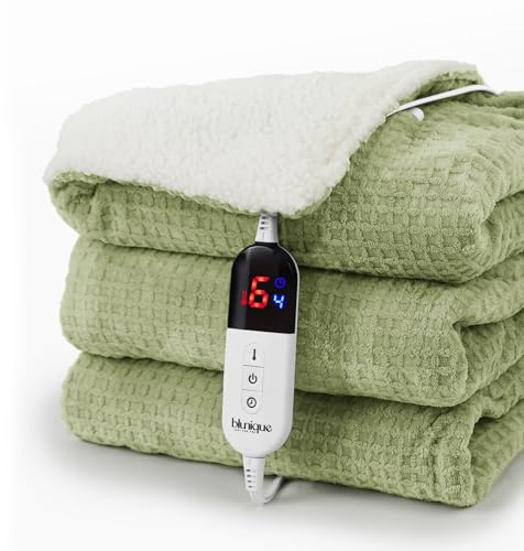 blunique Heated Blanket Electric Throw Waffle, 50x60 Inches Sherpa Fleece Fast Heating Blanket 6 Heating Levels & 4 Hours Auto Off ETL Certification, Sage Throw