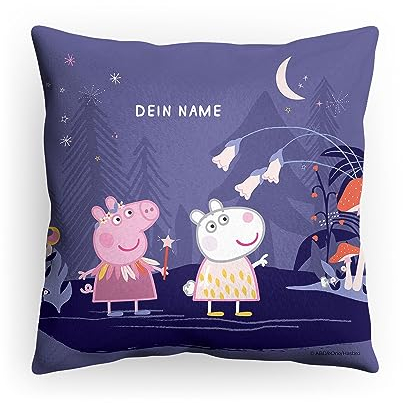 PICANOVA Kissen Peppa Pig mit Name - Weiches Plüsch Dekokissen mit Füllung - Personalisiertes Peppa Pig Kopfkissen für Kinder - Individuell Geschenk für Kinder - Magisches Land - 40x40cm