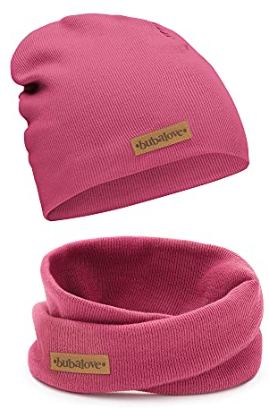 Bubalove Mützen und Schals für Jungen, Mädchen, Babys, Größen 1 Jahr bis 8 Jahre+ viele Farben, Baumwolle Kinderset Mütze und Schornstein, Baumwollmützen, (dunkelrosa, 8+ Jahre (50-56 cm))