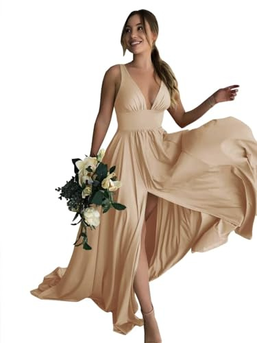 BABYONLINE D.R.E.S.S. - Vestido de noche chic para mujer con cuello en V, cintura imperio, espalda descubierta y abertura de manga larga, dorado, 42