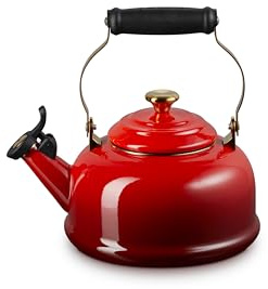Le Creuset Enamel on Steel Whistling Tea Kettle with Gold Finishes, 1.7 qt., Cerise