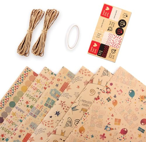 Kaizuca Presentpappersset 70 cm x 100 cm – 6 ark presentpapper för födelsedagar, bröllop, dop och fester - papper för förpackning