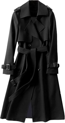 Gabardina de Color Sólido para Mujer con Botón de Cinturón - Abrigo Largo Delgado con Solapa y Doble Botonadura hasta la Rodilla (Negro, XXL)