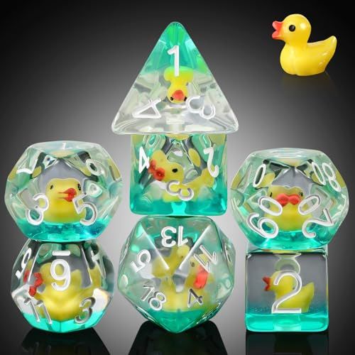Duck DND Resin Dice, DNDND 7PCS Dungeons and Dragon Dice Set with Velvet Bag for D&D Role Playing Games and Tabletop Games（Duck)