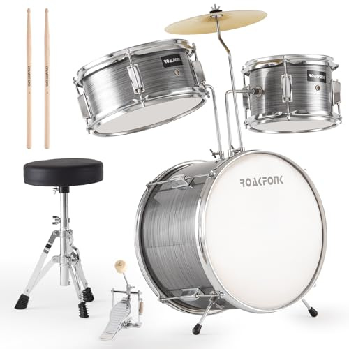 Set di 3 batterie per bambini con trono, batteria per principianti junior con grancassa, rullante, tom, piatto, pedale, bacchette, sedile regolabile, set per bambini di età superiore ai 3 anni
