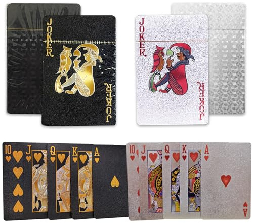 WJIASI 2 Pack Plastic Playing Cards - Waterproof, Washable Deck of Cards (UK) | Durable, Flexible, Solid Color No Fading, Professional for Gift Home Party Game with Storage Box (Silver+Black)