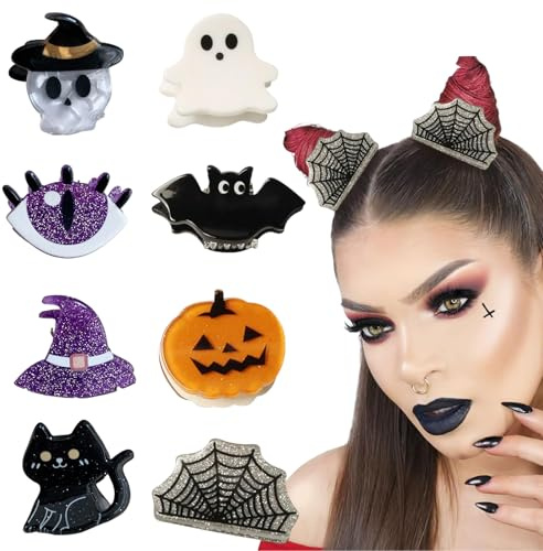 BelleFlair 8 Pezzi Halloween Fermagli per Capelli Bambini e Donne, Carine Mini Mollette con Zucca Fantasma Pipistrello, Spettrali Accessori come Ornamento da Testa per la Festa.