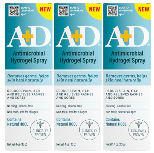 A+D Hydrogel Spray – With Hypochlorous Acid, Helps Heal Rashes & Irritations, Reduces itch & pain, Alcohol-Free, Non-Sting Formula, Safe for All Ages, 4oz 3 Pack