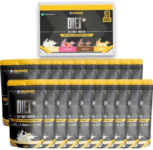Xcelerate Nutrition Diet+ Whey Protein 40g Sachets – 30.6g Protein per Serving | High Performance Low Calorie Shake | Strawberry, Chocolate, Vanilla, Banana or Mixed Flavours | Pack of 7, 14 or 20