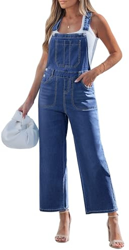 luvamia Wide Leg Overalls for Women Denim Loose Fit Baggy Bib Adjustable Cropped Casual Stretchy Jean Jumpsuit Overall Darkness Blue Size Small Fits US 4-6