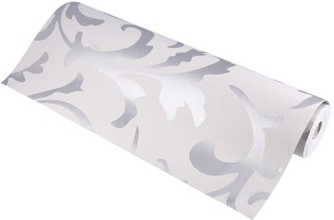Funien Papel Pintado Barroco No Tejido Plateado Absorbente de Sonido, Transpirable, Resistente, Fácil de Limpiar, para Decoración del Hogar con Papel Tapiz Vertical, Adecuado para