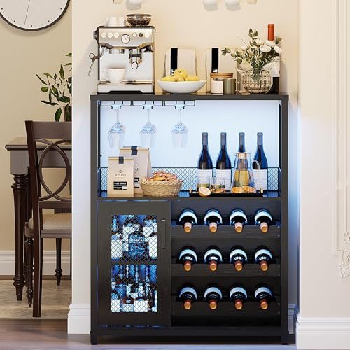 Aptliton Wine Cabinet with LED Light,Compact Bar Cabinet with Mesh Door,Wine Glass Holder & Adjustable Shelves,Freestanding Drinks Cabinet for Kitchen,Dining Room or Living Room,Black