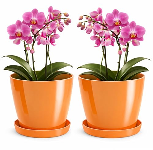 PECZEKO Maceta brillante, maceta de plástico, maceta decorativa para plantas grandes y pequeñas, juego de 2 macetas con plato, maceta para hierbas, naranja, diámetro de 16 cm
