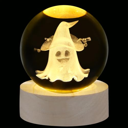 XIANNVXI Ghost Ornament Crystal Ball Paperweight,Novelty Halloween Present | 60mm 3D Witch Hat Ghost Glass Ball with Luminous Base,Cute Spooky Halloween Table Ornament for Witchy Home Room Office Decor