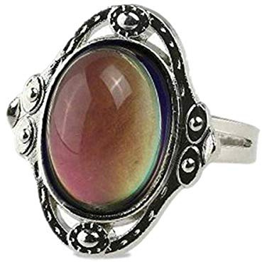 Emotionaler Stimmungsring, Herz, Schmetterling, Farbwechsel, Stimmungszauber, oval, Temperaturregelungsringe, größenverstellbar, Antiksilber, Boho-Fingerring (Oval)