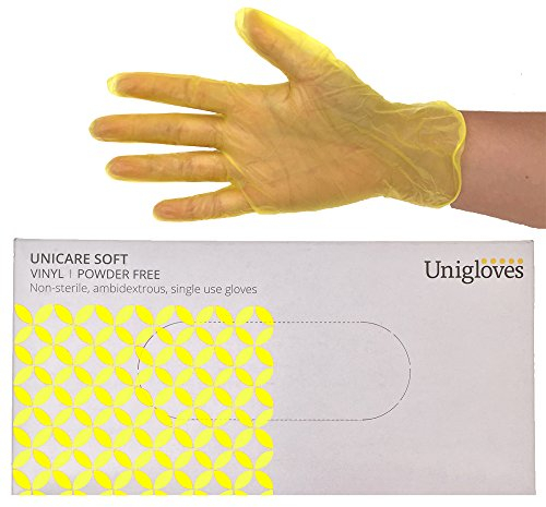 UNIGLOVES Unicare Guanti Monouso in Vinile - Guanti da esame Multiuso, Senza Polvere e Lattice - confezione da 100 Guanti, Giallo, extra Large (GS0105)