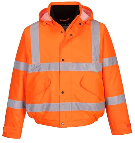 Portwest S463 Hi-Vis Bomberjacka Infällbar Huva 4 Fickor Vattentät Vadderad | Orange, XL, EN ISO 20471 Klass 3, EN 342, Fleece Fodrad Krage, Lång Ärm, Unisex, 300 D Oxford-Tyg, Vindtät, Tejpade Sömmar