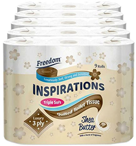 Freedom Inspirations Luxury 3Ply Toilet Roll - 45 Quilted Shea Butter Triple Soft and Scented Hygiene Bulk White Toilet Tissue and Loo Rolls