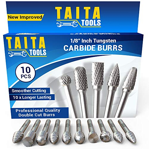 10PC Double Cut Carbide Burr Set - 0.118 (3mm) Shank, Rotary Tool Cutting Burrs - Dremel Accessories, Fordom, Flex Shaft, Dewalt And Die Grinders - For Wood Carving, Metal Working And Engraving.