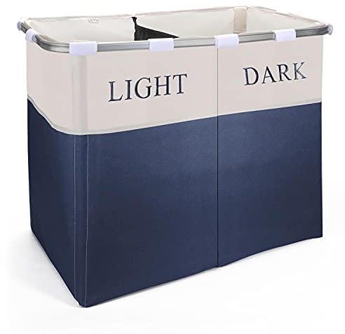 Vinsani Lights and Darks Folding Laundry Sorter Basket Box Bag Bin Hamper Washing Cloths Storage 2 Compartments, Metal - Navy Blue