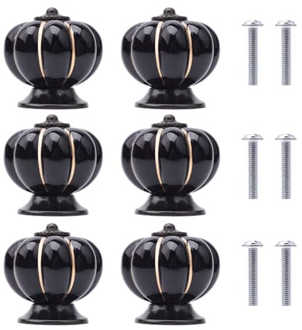NAKUPENDA 6 stycken keramiska skåpknappar, pumpa, keramik, möbelknopp, skåphandtag, keramiska knappar för möbler med skruvar för kontor, möbler, köksskåp, lådor, byrå (svart)