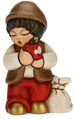 THUN - Presepe 2022 - Statuina Presepe Bimbo con Mela in Ceramica Decorata a Mano, Versione Vestito Rosso - Linea Presepe Classico - 4,3x3x6,5 cm h