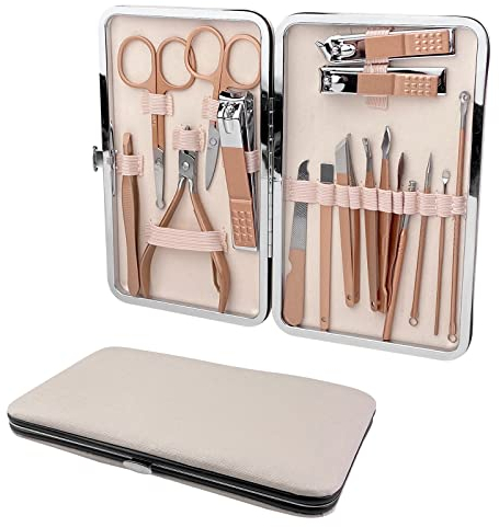 Relota Tagliaunghie Set Acciaio Inox Oro Rosa, 18 pezzi Set Manicure Professionale con Bella Box Pelle Beige per Manicure, Pedicure, Grooming Kit Strumenti per Manicure e Pedicure per Viaggi o Casa