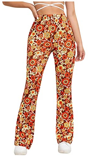 EMATOP Hose Damen Boho Strandhose Hippie Blumen Schlaghose Weites Bein Palazzo Sommerhose Elegant High Waist Bootcut Freizeithose Schön Blumen Druck Caprihose Elastische Taille Yogahose
