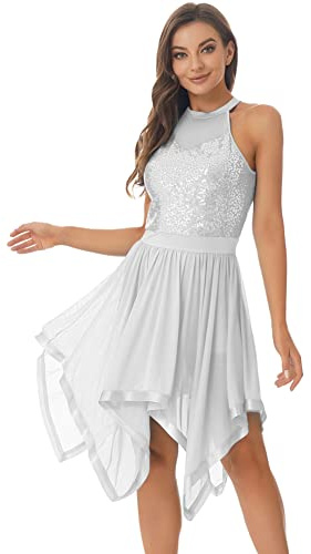 CHICTRY Glitter, paljetter, balettklänning, damer, ärmlös, latin, dansklänning, standard, skuren, balett, body med oregelbunden kjol, ballerina, klänning, festklänning, festlig, Vit, M