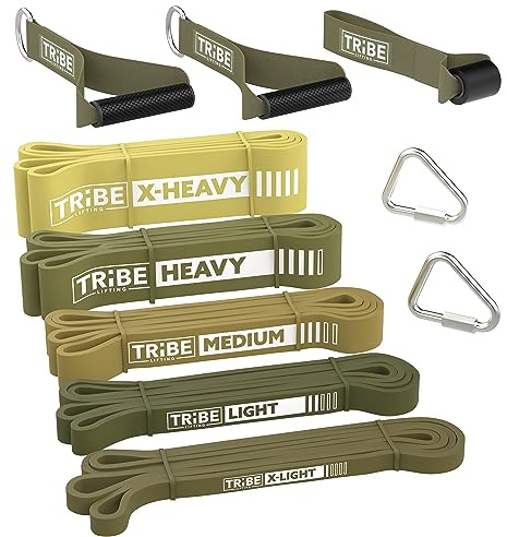Tribe Lifting Resistance Bands for Working Out Men and Women - Set of 5 Pull Up Bands for Strength Training, Exercise Bands with Handles, Door Anchor and Bar Options for Home Gym