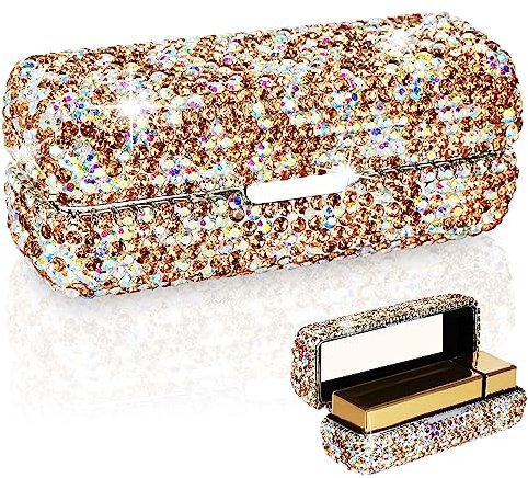 Adorila Estuche para lápiz labial con espejo, organizador de lápiz labial de cristal de diamantes de imitación para viajes, soporte portátil de almacenamiento de brillo de labios (dorado)