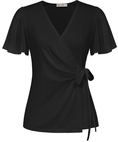 GRACE KARIN Elegante Blusa de Trabajo de Manga Corta Blusa de Gasa con Cuello en V Verano Túnica de Ajuste Suave Blusas de Oficina para Vestido Negro S
