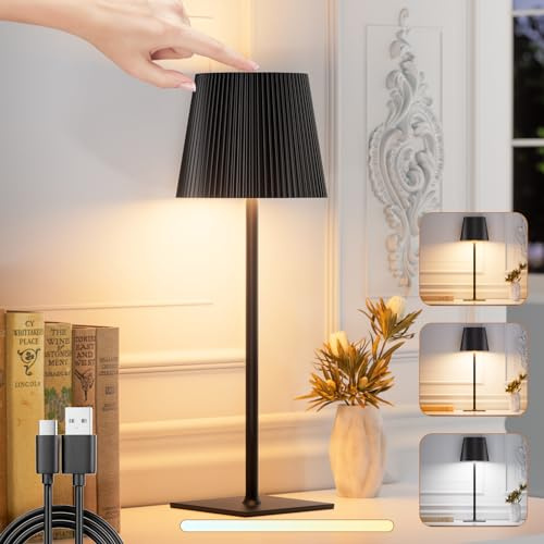 skelo Lampada da Tavolo Senza Fili Touch Dimmerabile Ricaricabile Luce Notturna Lampada da Comodino USB-C IP54 3 colori 4000mAh Metallo Adatto per interni ed esterni nero 1 pezzi