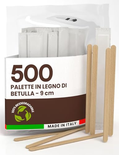 500 Palette per Caffè Monouso in Legno di Betulla, Imbustate Singolarmente, Biodegradabili e Compostabili, Resistenti al Calore per Mescolare Caffè e Bevande Made in Italy