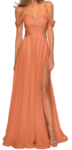 SAYNO Abiti da damigella d'onore in chiffon con spalle scoperte per matrimonio con tasche scollo a V lungo abito da ballo formale abito da sera, Arancione, 42