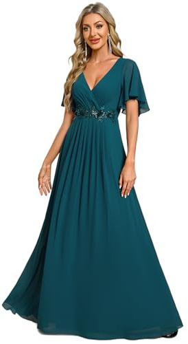 Ever-Pretty Vestito Donna Elegante Scollo a V Maniche a Volant Stile Lungo Abito Cerimonia Donna Teal 52