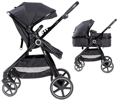 Interbaby VERSA Passeggino 2 in 1 | Carrozzina Neonati dalla Nascita a 22 kg | Navicella Extra Grande + Sedile Reversibile Fronte Mamma | Sospensioni 4 Ruote, Piegatura Rapida (Nero)