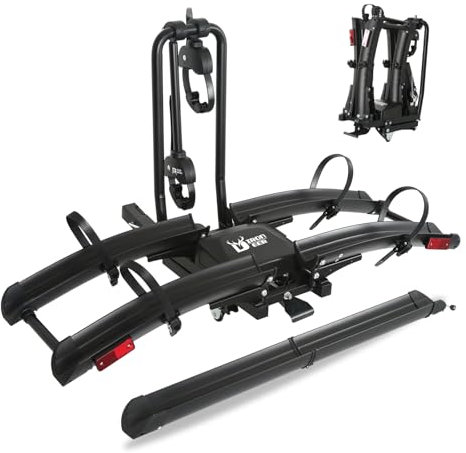 Iron Pro 200lbs EBike Rack with Ramp for 2 E-Bikes, Hitch Bike Rack for Cars SUVs Trucks, Foldable Tilting Bike Rack Platform for Tow Hitch with 2 Receiver, E-Bike Carrier Fits up to 5 Fat Tire