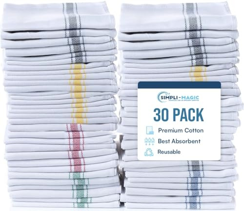 Simpli-Magic Cotton Herringbone Dish Towels, 15x25 (30 Pack) – High Absorbent Kitchen Hand Towels (Multi-Color)