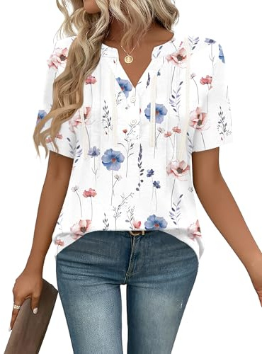 IECCP Women Tops Short Sleeve Button Dressy Tunic Summer V Neck Blouses | Casual Pleated Fashion T-Shirts Clothes