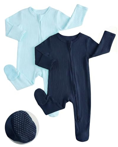 JiAmy Babypyjamas för flickor, 2 st sov långärmad bebis, 100 % bomullsoverall med babyfötter, nyfödd kläder 0–12 månader