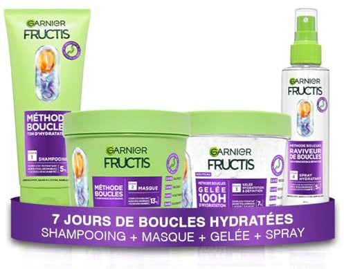 Garnier - Fructis Méthode Boucles - Routine 4 Produits - Shampoing, Masque & Spray Hydratant + Gelée hydratation et définition - Acide Hyaluronique & Beurre de Karité - Pour Tous les Types de Boucles